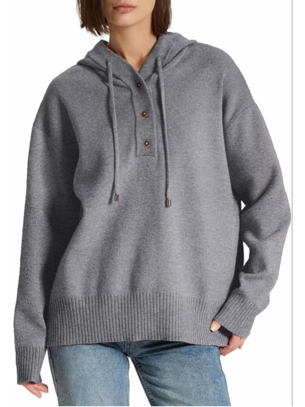 NEW Soft Knit Pullover Henley Neck Long Sleeve Drawstring Buttons Sweater M